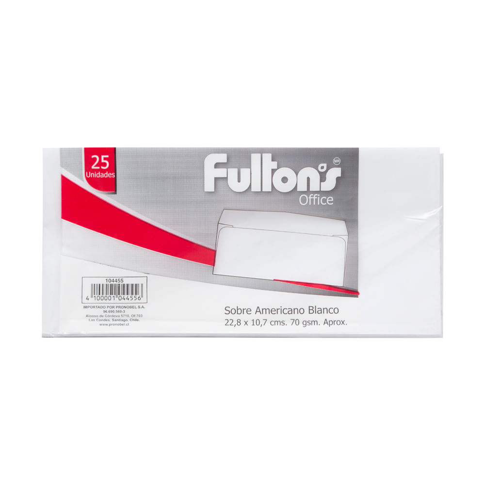 Sobre Americano 228 X 105 Mm Blanco 70 Gramos Fultons