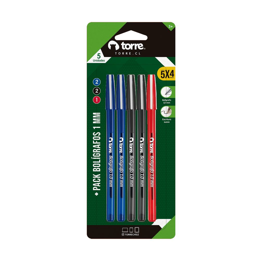 Lapiz Pasta Punta Media Blister 5 Unidades Colores Surtidos Torre
