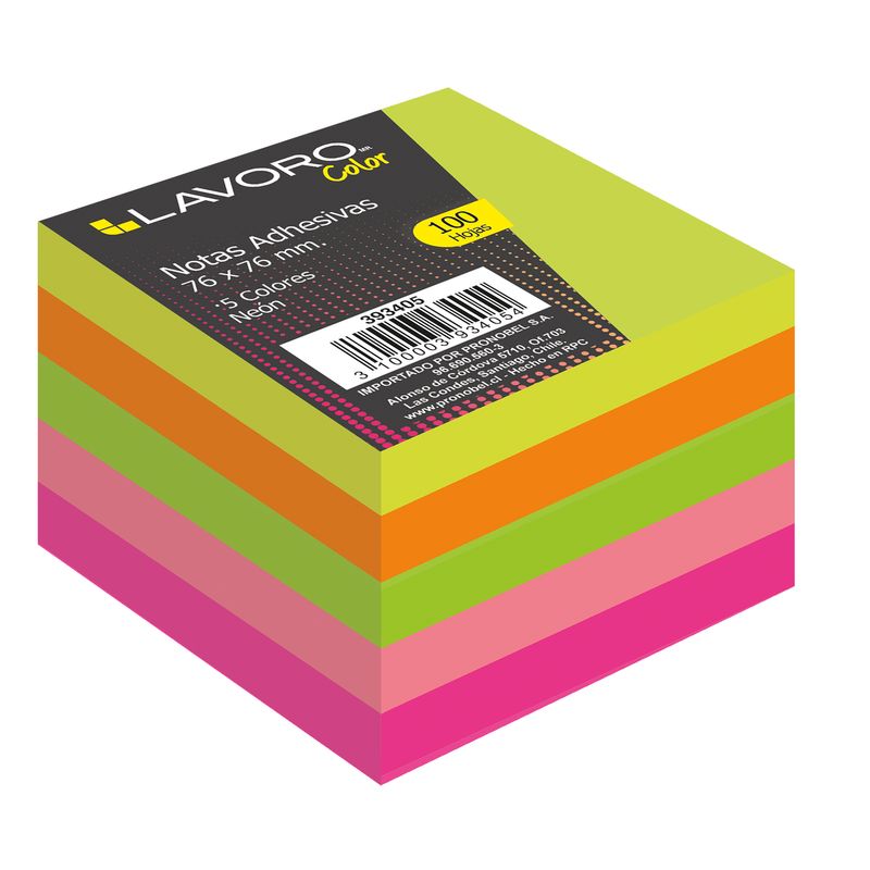 Notas Post-it® Colección Ciudad del Cabo, Neón, 76 mm x 76 mm, 1 Paquete/5  Blocs, 1 Bloc/ 100 Hojas