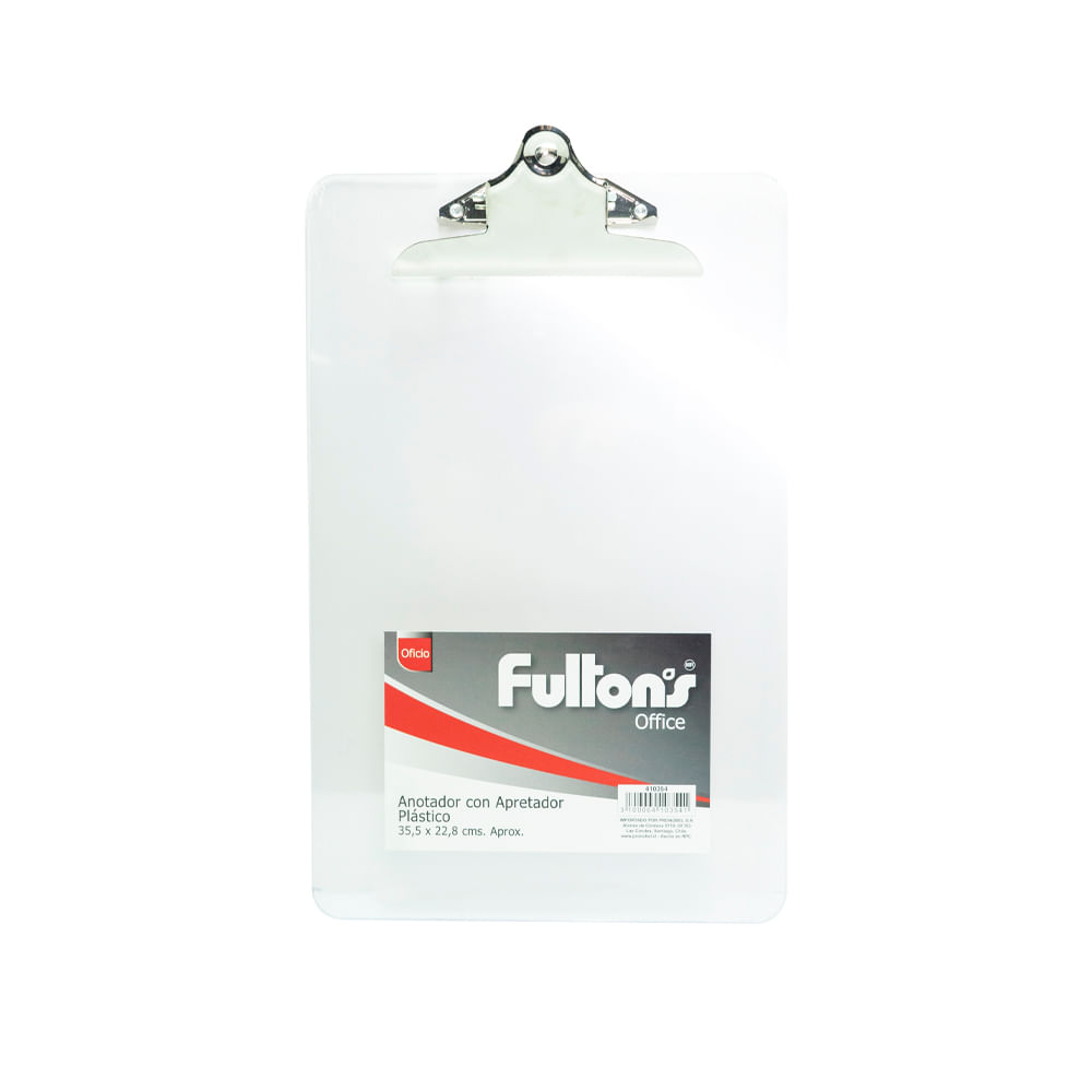 Anotador Plastico  Transparente  Con  Apretador Metal Oficio Fultons