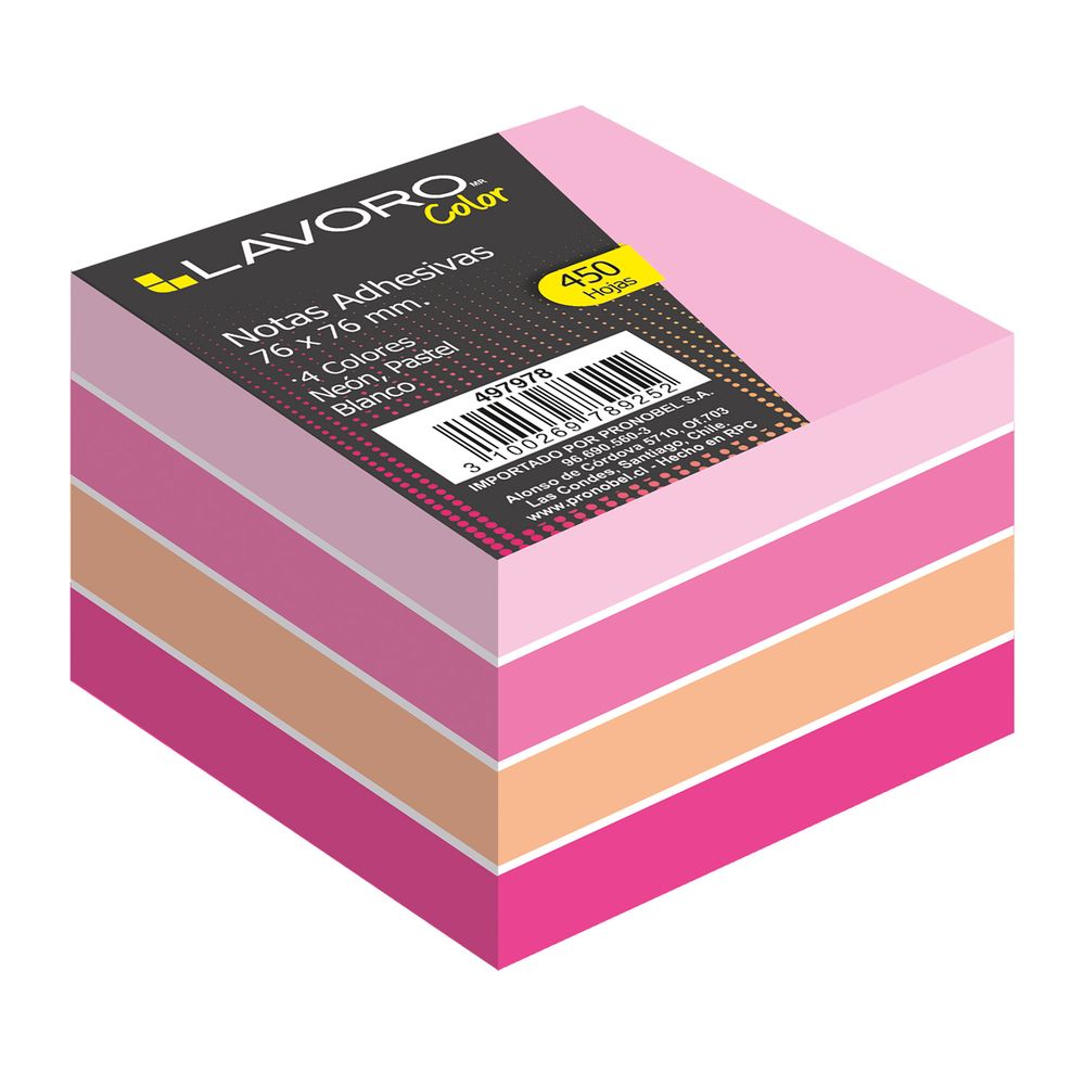 Nota Adhesiva 654 76 x 76 Mm 450 Hojas 4 Colores Rosado Lavoro