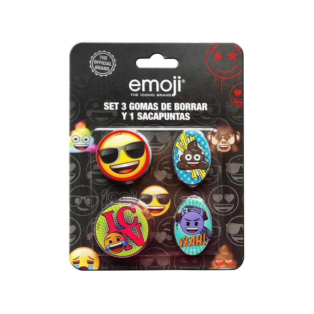 Set 3 Gomas De Borrar Y 1 Sacapuntas Emoji