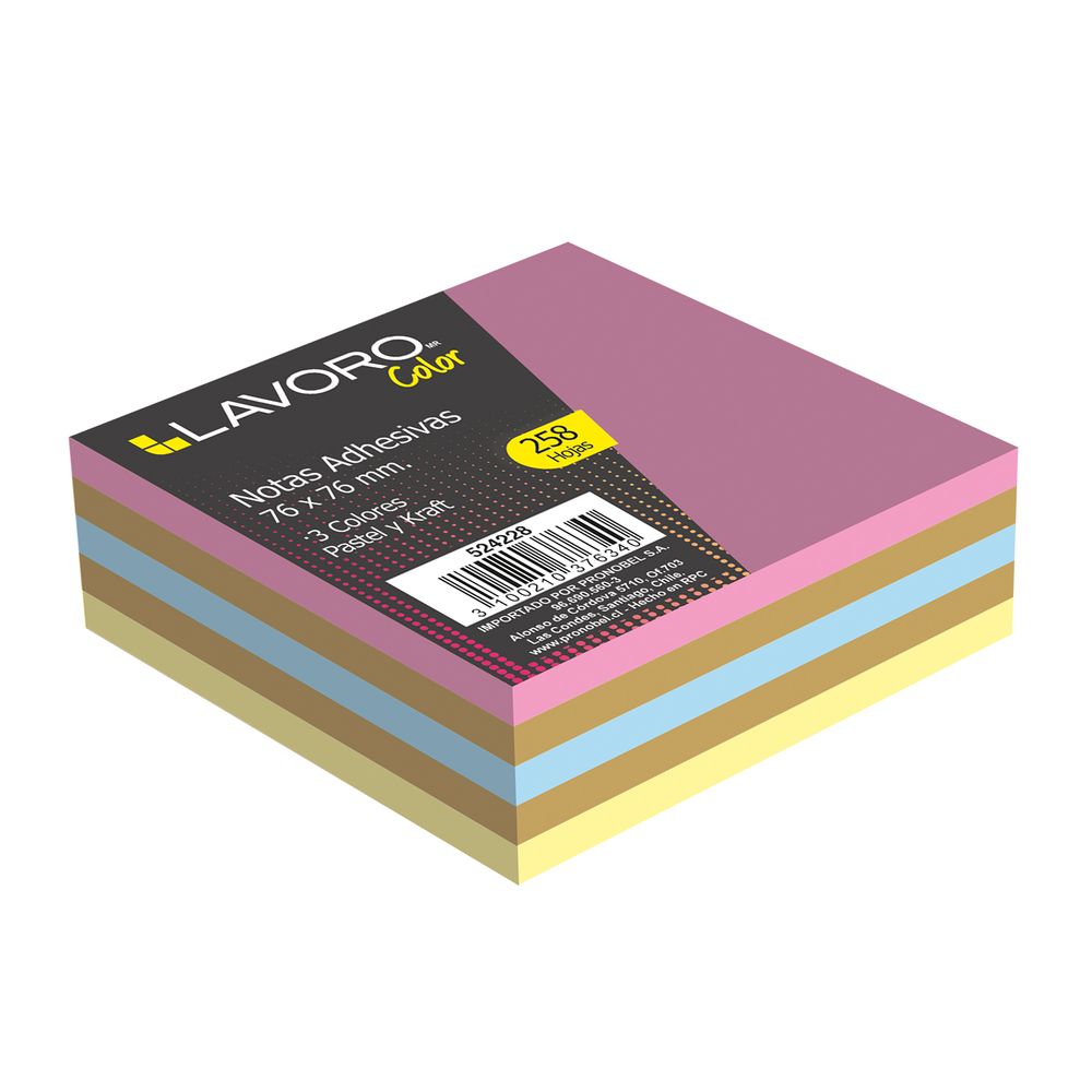 Nota Adhesiva 654 76 x 76 258 Hj 3 Colores Pastel/Kraft Lavoro
