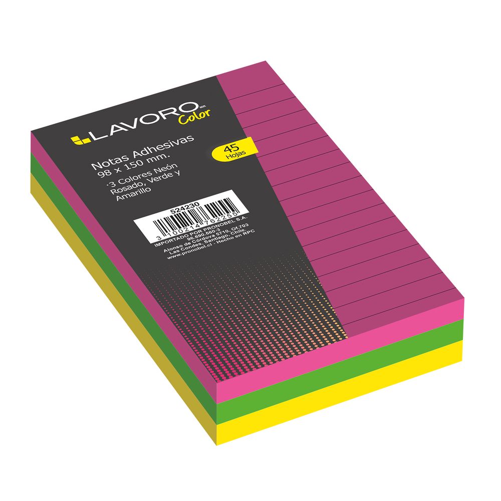 Nota Adhesiva 98 x 150 Mm 3 Colores 45 Hj C/U Lineas Lavoro