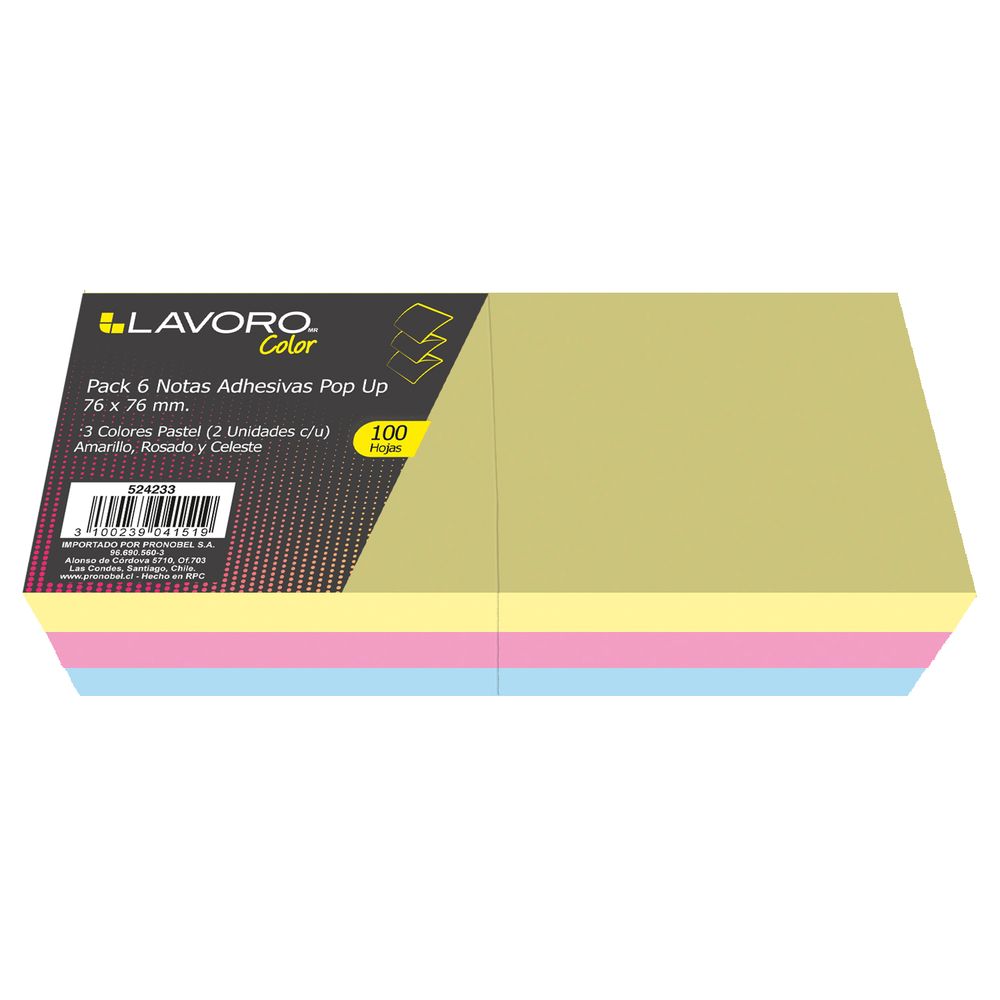 Pack 6 Notas 76 x 76 100 Hj Pop Up 3 Colores Pastel Lavoro