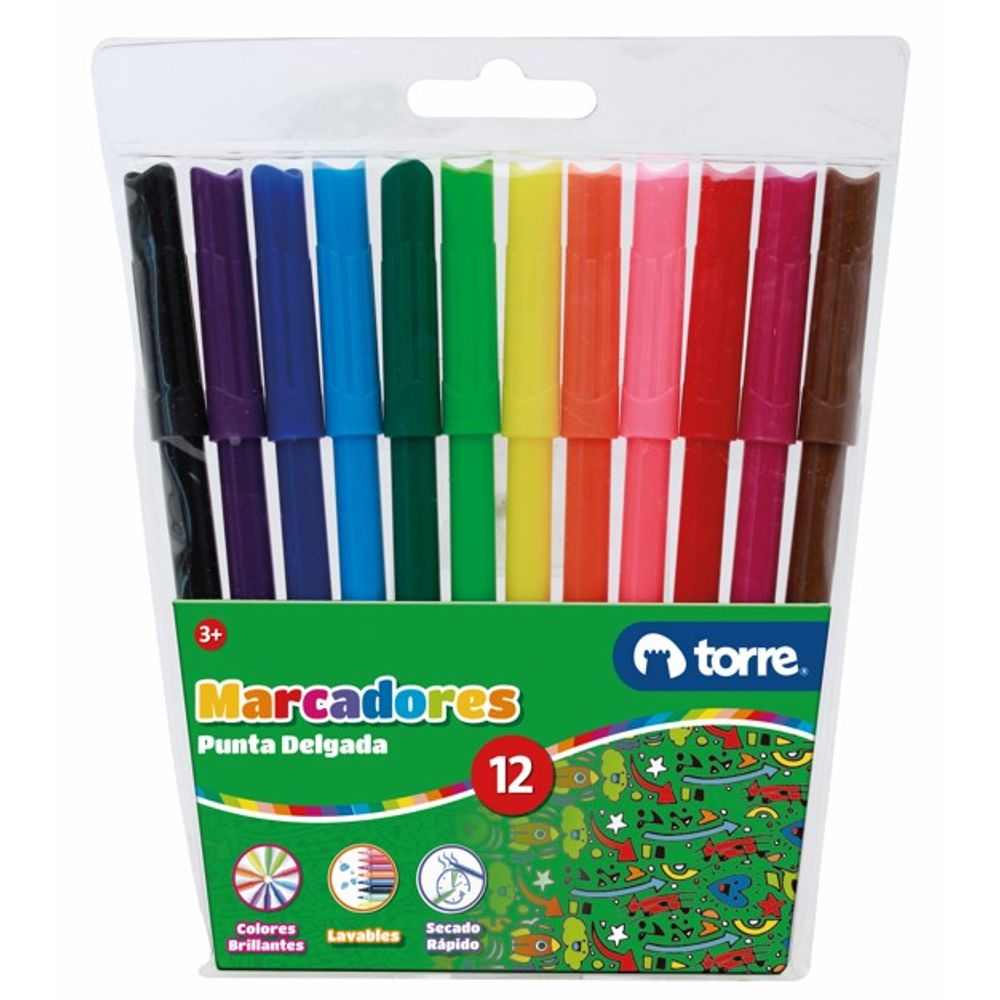 Plumon Escolar Punta Fina 12 Colores Torre