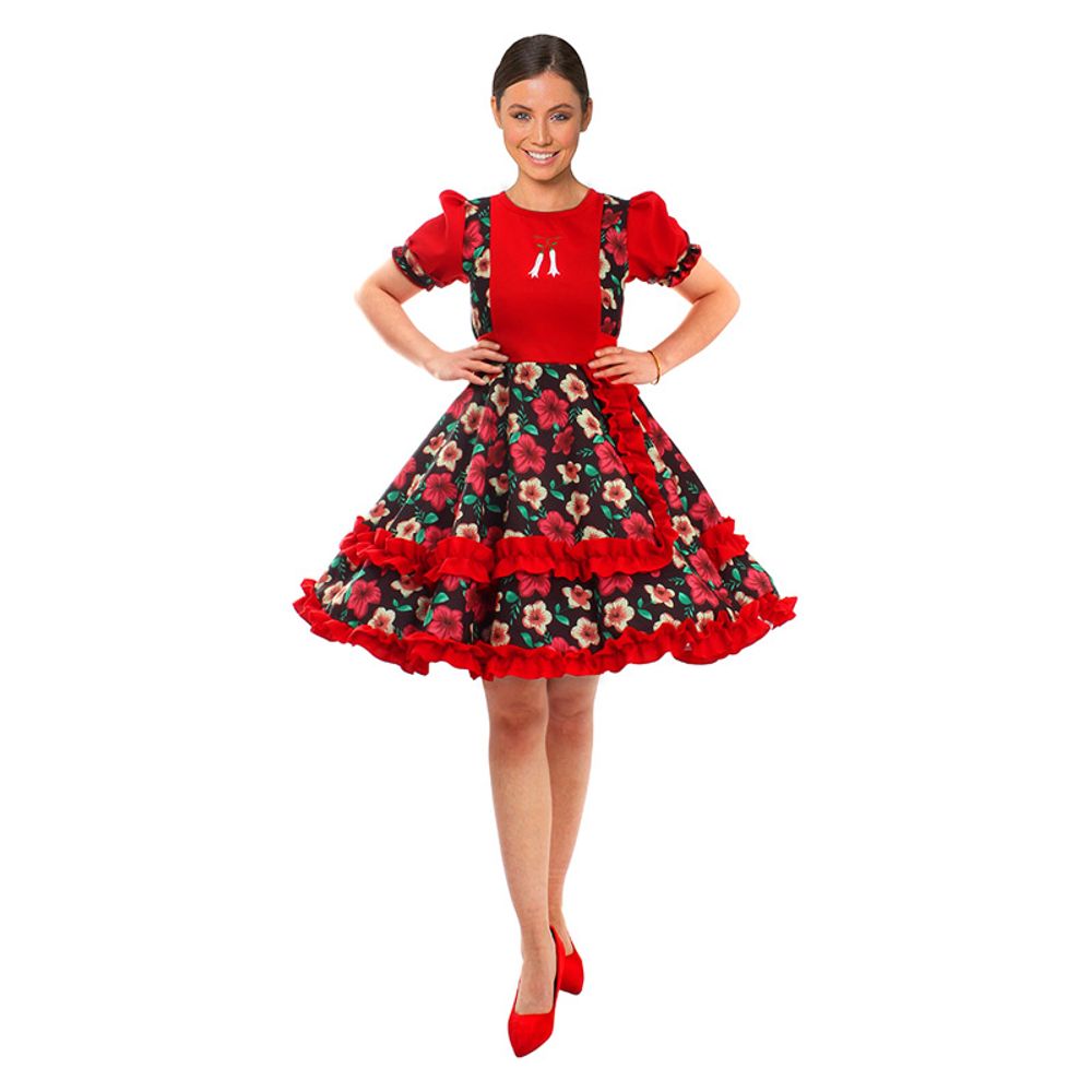Vestido Huasa Chinita Floreado Fucsia y Negro Talla S Fiestamania