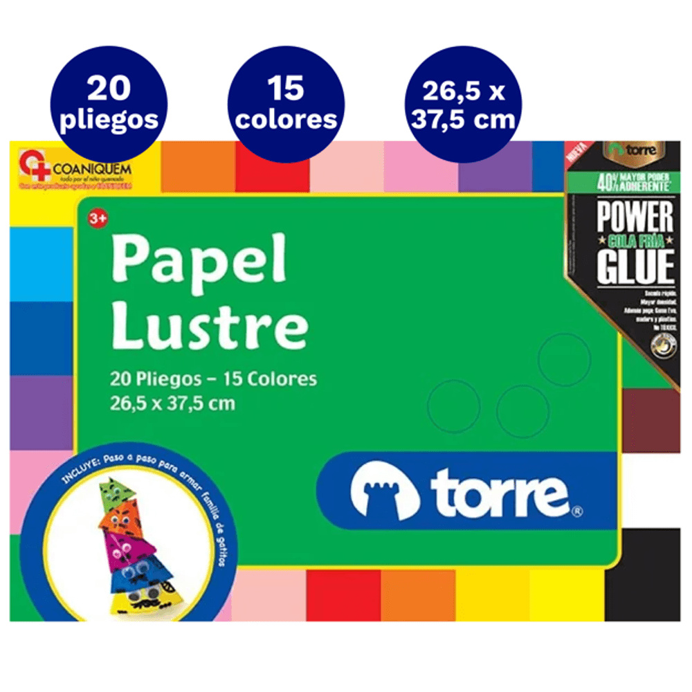 Carpeta Con  Papel Lustre 15 Colores  20 Laminas Torre