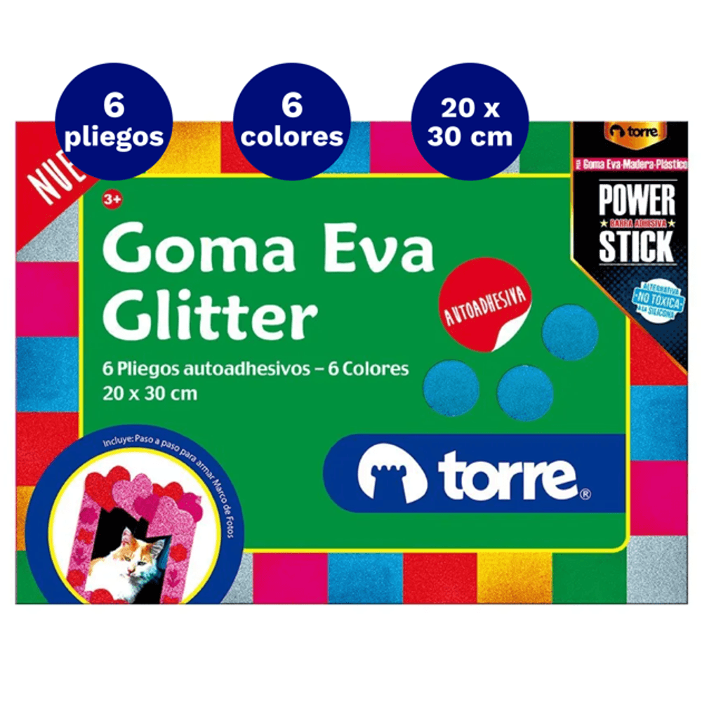 Carpeta Con Goma Eva Glitter Adhesiva 6 Colores 6 Laminas Torre