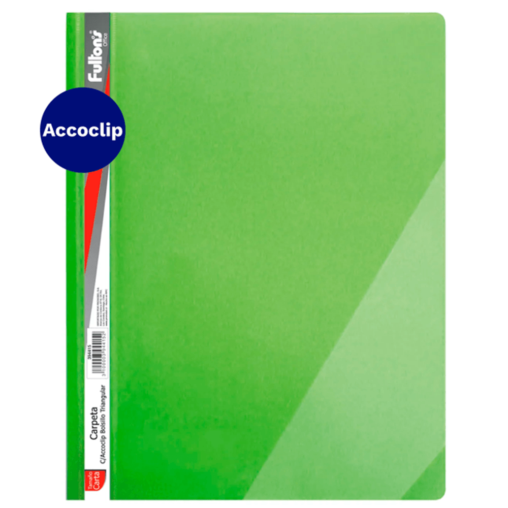 Carpeta Vinil Oficio Verde Con Accoclip Triangular y Bolsillo  Fultons