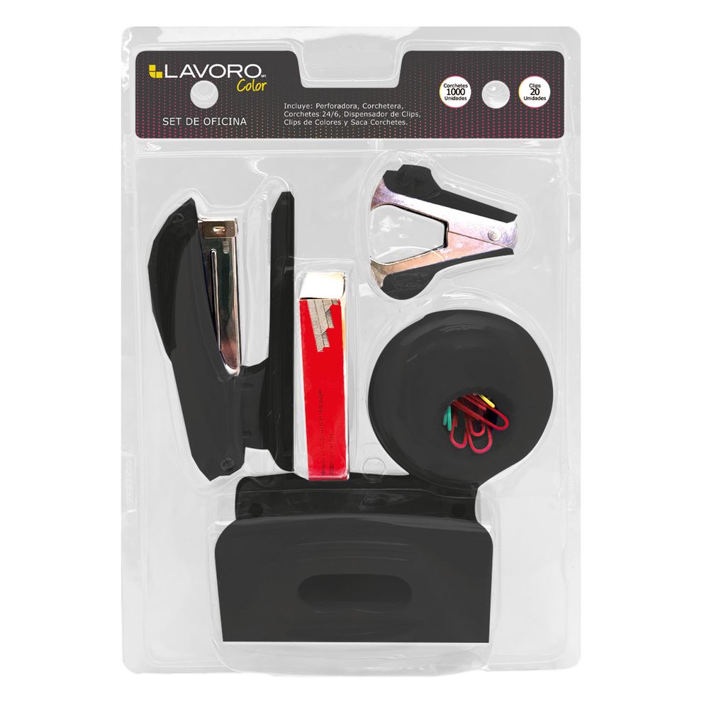 Set Perforadora + Corchetera + Sacacorchete + Dispensador Negro Lavoro