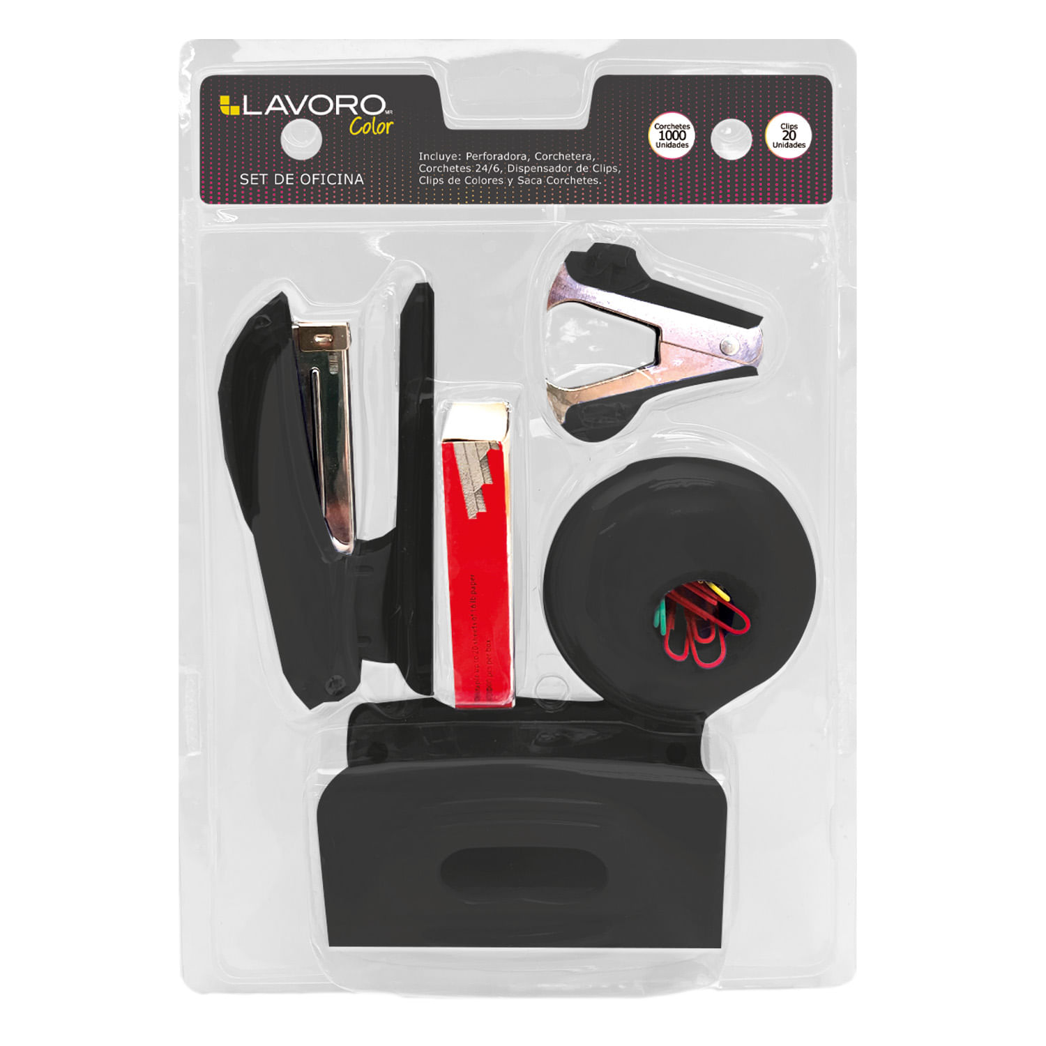 Set Perforadora + Corchetera + Sacacorchete + Dispensador Negro Lavoro