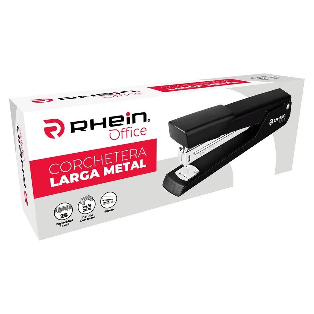 Corchetera Larga Metal Negra 25 Hojas Rhein