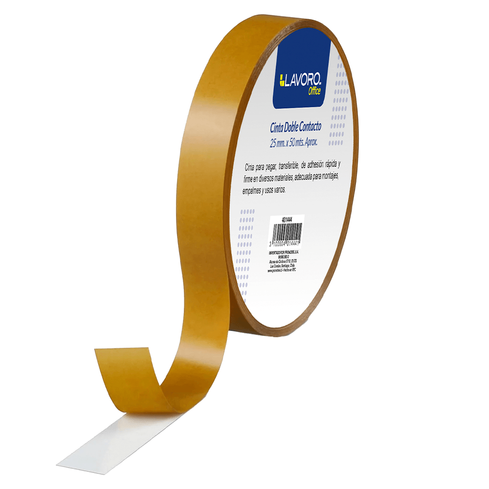 Cinta Adhesiva Doble Contacto 25 Mm x 50 Mt Amarilla Lavoro