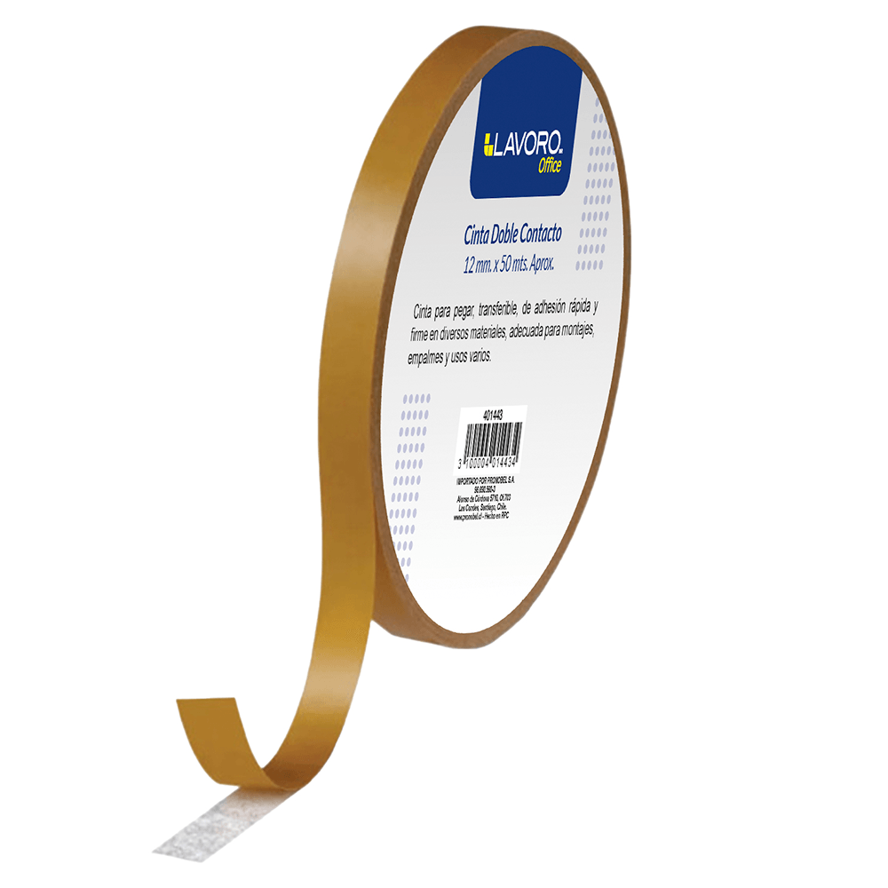Cinta Adhesiva Doble Contacto 12 Mm x 50 Mt Amarilla Lavoro