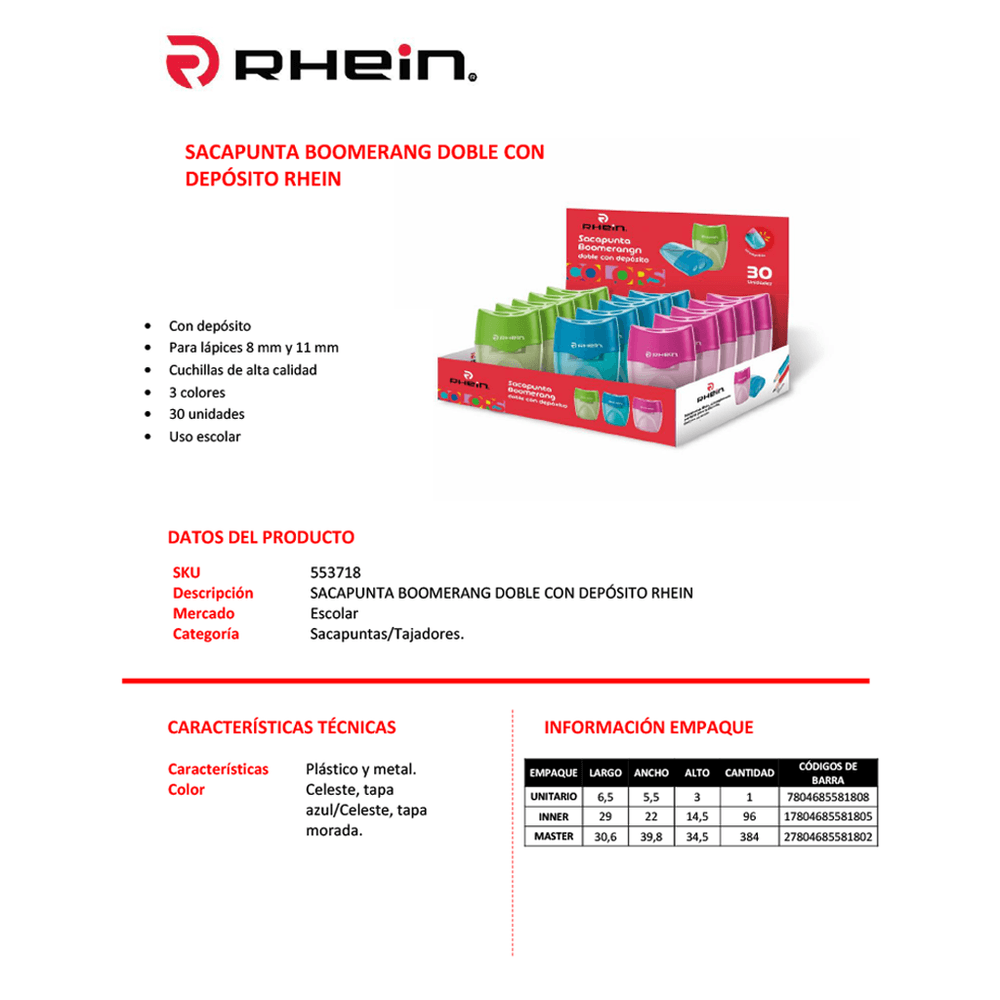 Sacapuntas Boomerang Doble Con Deposito Rhein