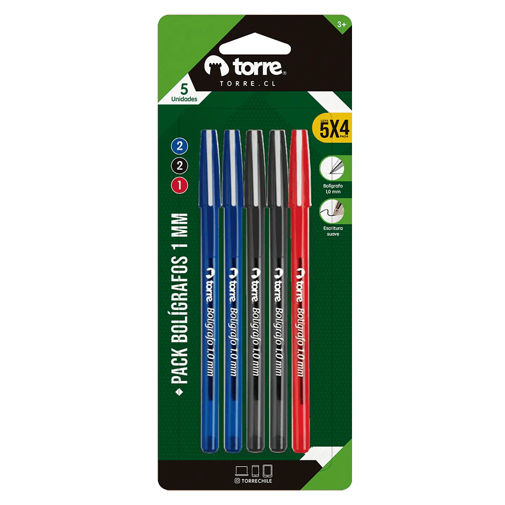 Lapiz Pasta Punta Media Blister 5 Unidades Colores Surtidos Torre