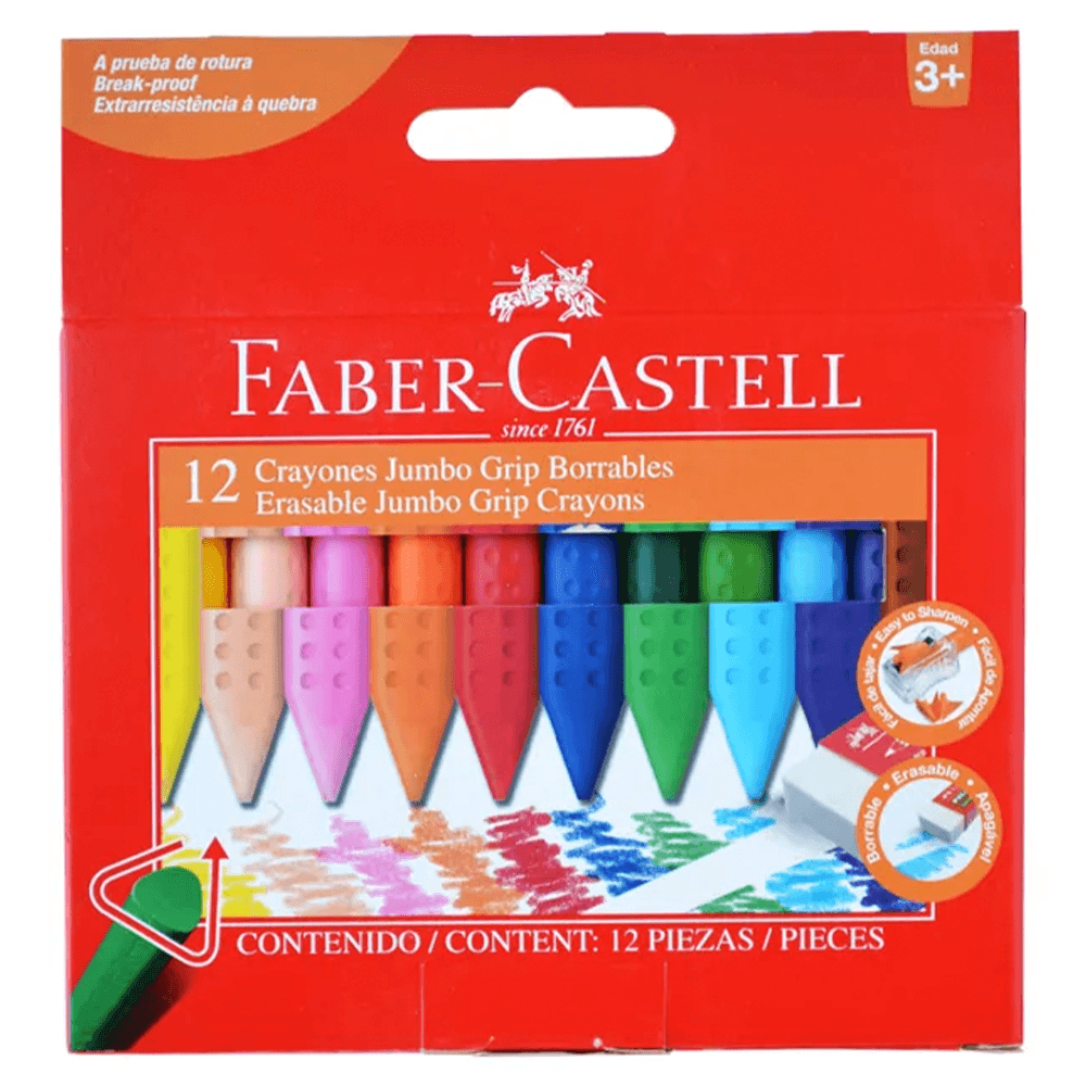 Lapices De Cera 12 Colores Jumbo Borrables Triangulares Faber Castell