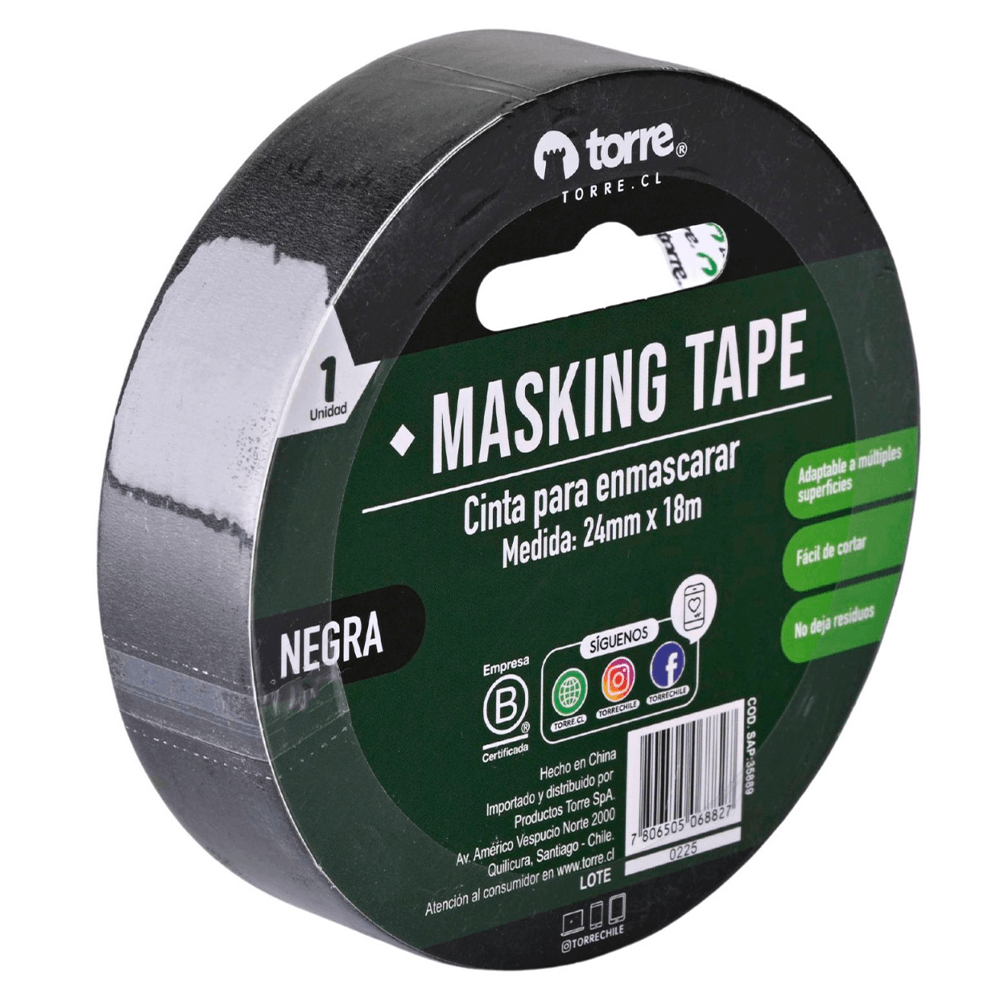 Cinta Enmascarar 24 Mm x 18 Mt Negra Torre