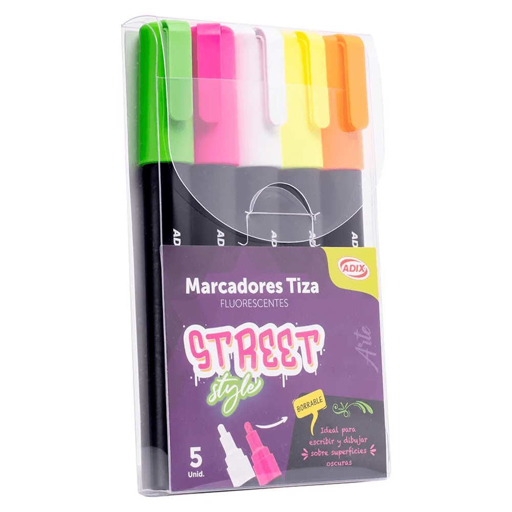 Marcador Tiza Fluorescentes 5 Unidades Adix
